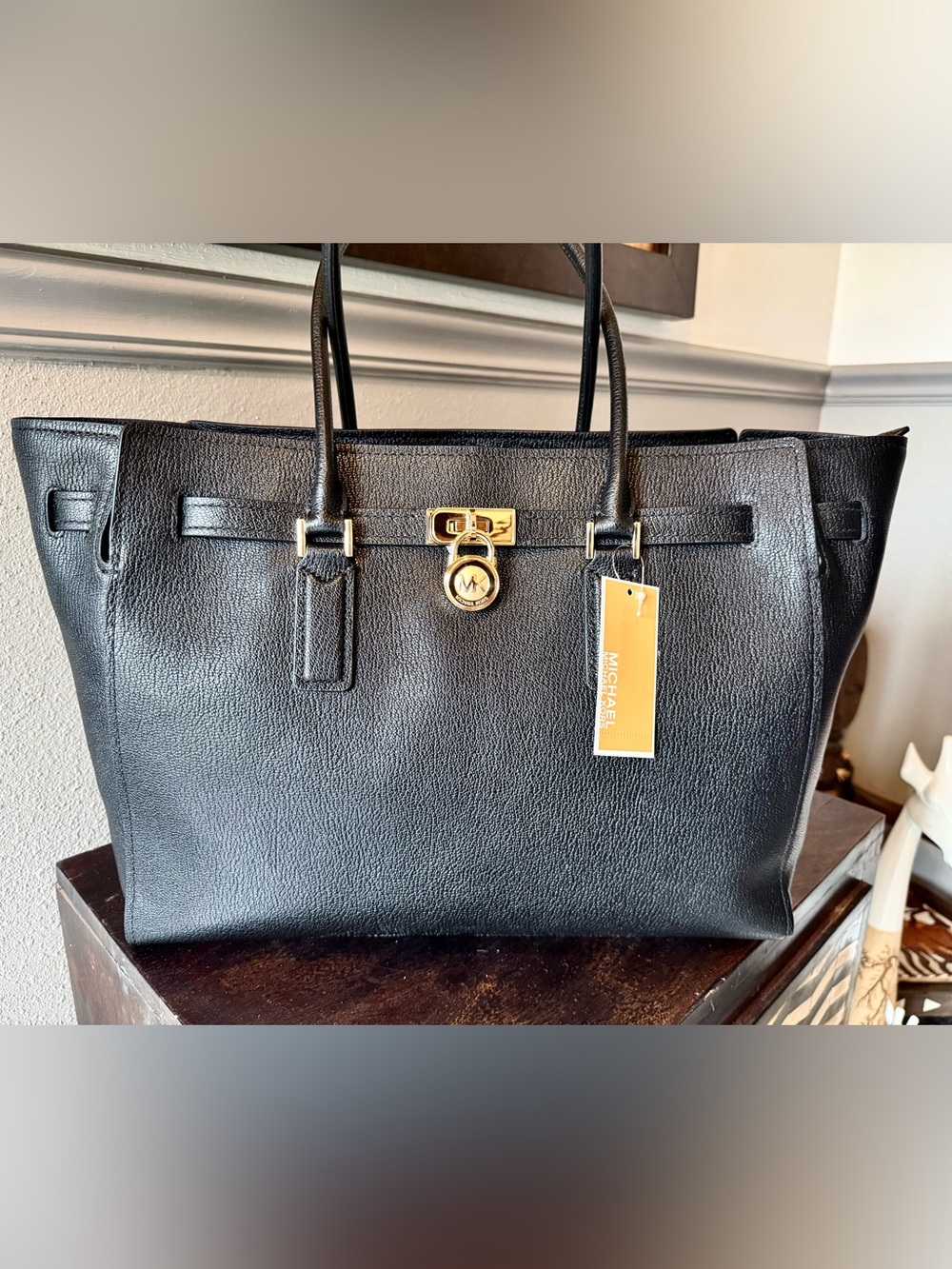 Michael Kors Black Leather Tote with Gold Accent Lock - Picture 1 of 16